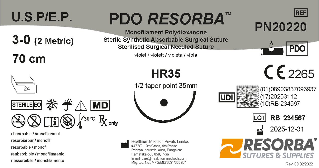 ПДО Ресорба USP3-0 фіолетовий, довжина 70см, колюча голка 35 мм, 1/2 кола